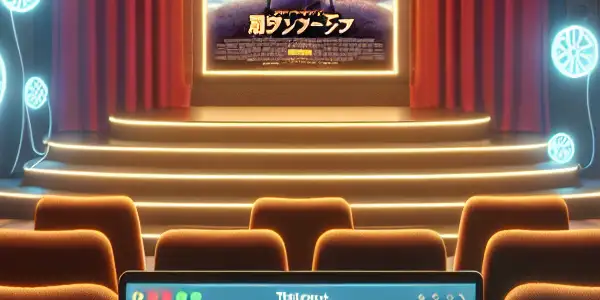 A cozy home theater scene with a laptop downloading a movie and a vibrant film poster on display.