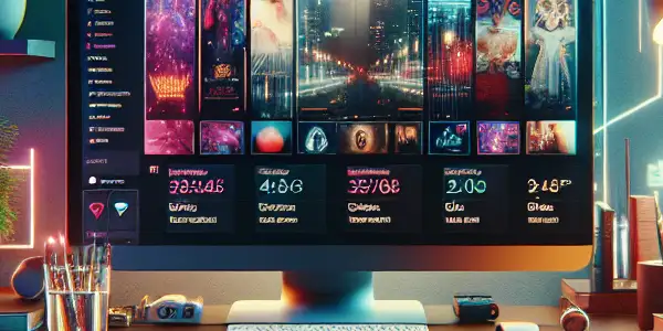 A modern home office scene featuring a laptop displaying adult film thumbnails in a cozy, ambient setting.