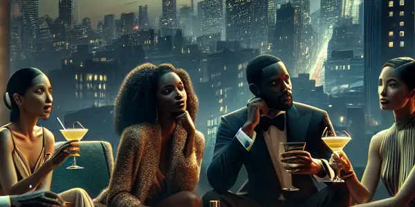 Four diverse characters in stylish outfits engage in lively conversation over drinks at a chic rooftop bar at night.