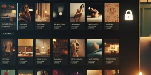 A sleek digital interface showcasing diverse adult content categories in a cozy, intimate setting.