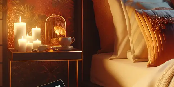 A cozy bedroom scene promoting self-care, featuring a plush bed, warm lighting, and intimate decor elements.