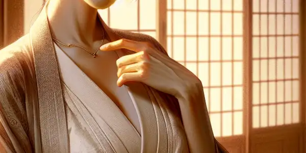 A confident mature woman in a traditional Japanese home, blending elegance and allure amidst cultural decor.