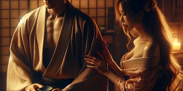 A passionate moment between a young couple in a dimly lit, traditional Japanese room, highlighting forbidden love and emotional tension.