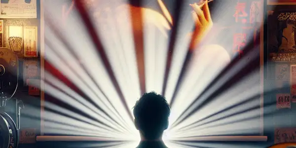 A dimly lit vintage theater scene with a silhouette viewer, film reels, and elements of Japanese culture, evoking intrigue.