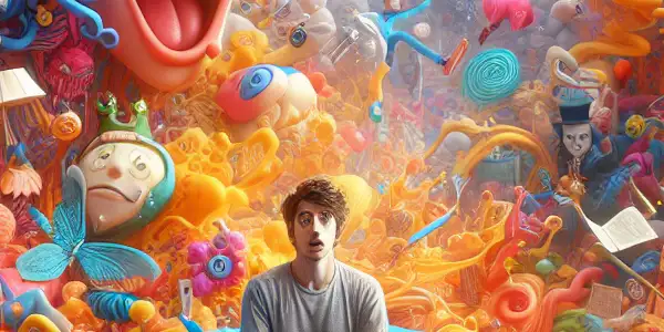 A whimsical room filled with oversized props and a surprised protagonist amidst playful, imaginative elements.