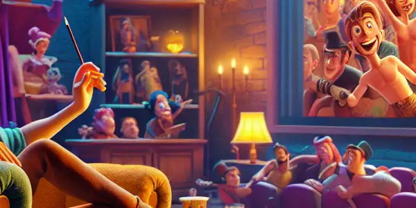 A cozy home theater scene with a young adult learning English through a humorous animated film, surrounded by notes and snacks.
