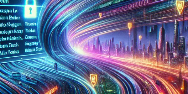 A futuristic digital cityscape with swirling binary code, showcasing adult film titles and emphasizing cybersecurity and safe browsing.