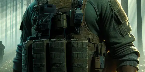 A muscular reconnaissance soldier in tactical gear stands in a misty forest, hinting at a hidden mission and suspenseful encounter.